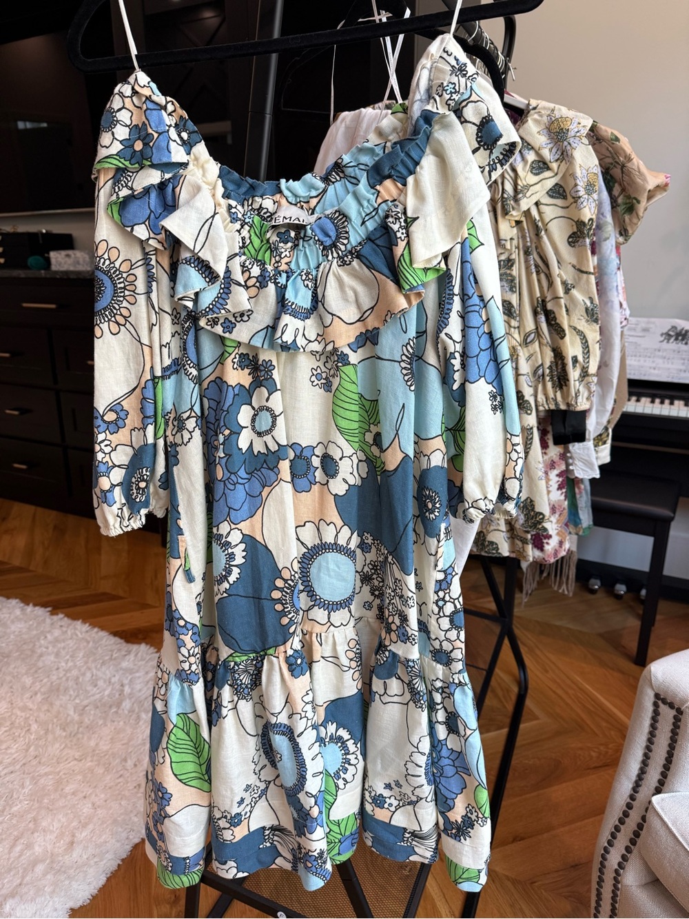 Alemais Cold-Shoulder Floral Midi Dress - Blue, White & Green - Picture 2 of 10